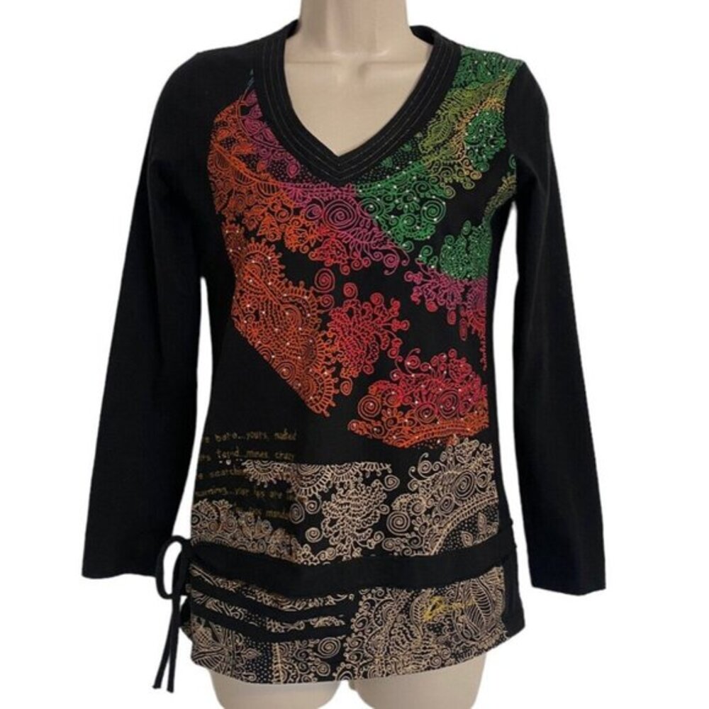 DESIGUAL Womens Floral Graphic Top Long Sleeve Rhinestones US Small EUR XS
